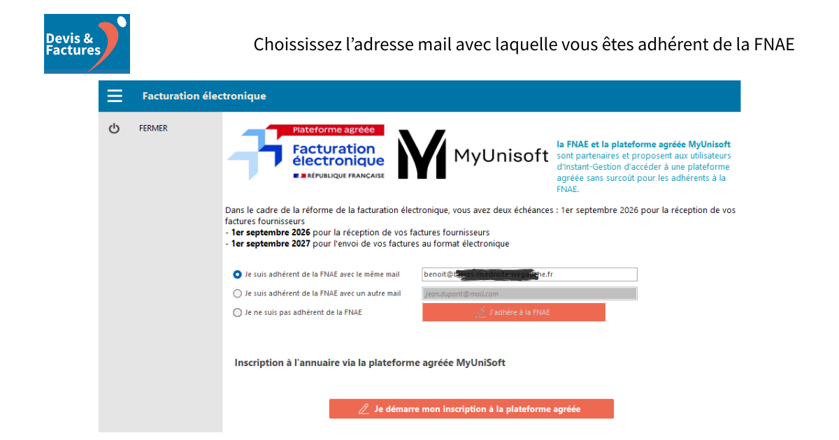 Étape 1 — Choisissez l'adresse mail avec laquelle vous êtes adhérent de la FNAE.