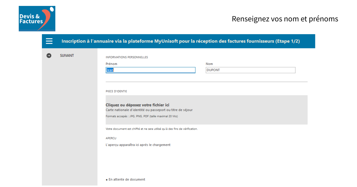 Étape 2 — Renseignez vos nom et prénoms.