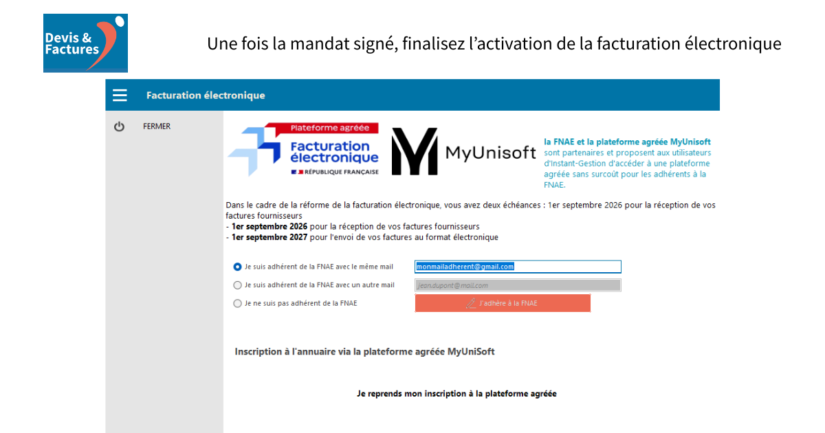 Une fois le mandat signé, finalisez l'activation de la facturation électronique.
